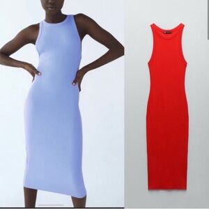 Zara Midi Dress in Bold Red and Soft Blue